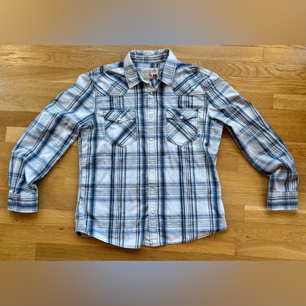 JNCO Men's Large Blue Plaid Button Up Long Sleeve Shirt Pearl Snap Western